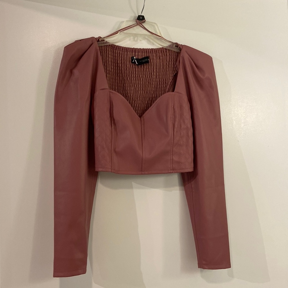 Zara faux leather poof shoulder crop top
